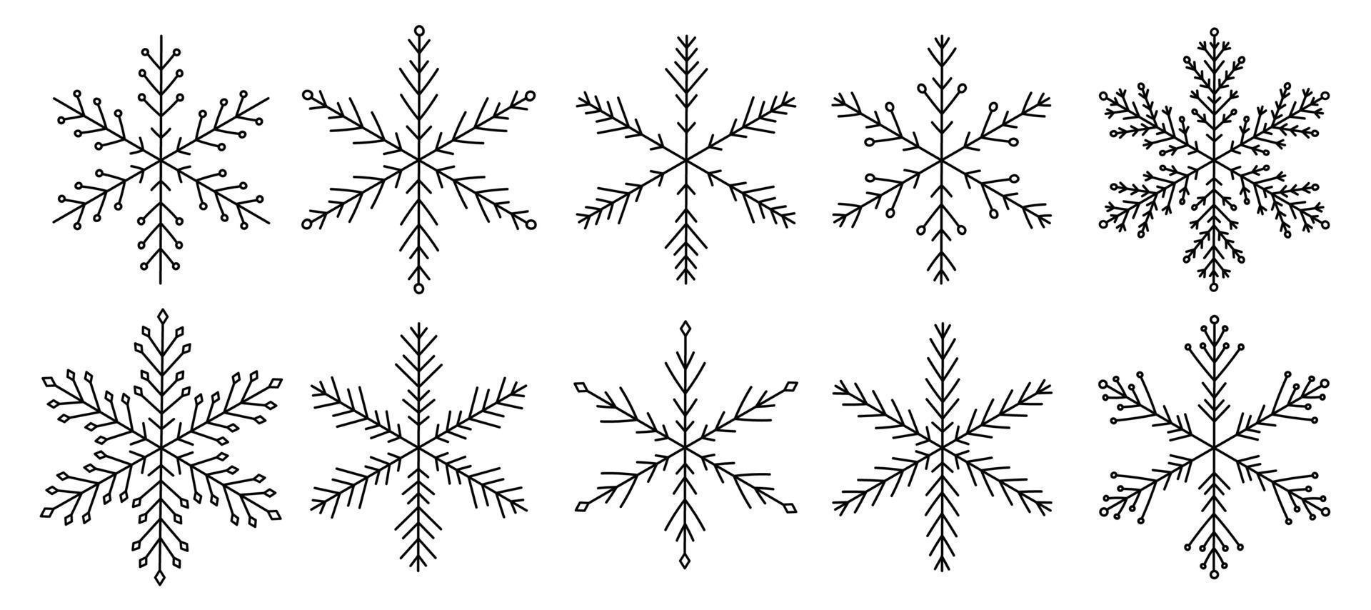 Set of snowflakes of different shapes isolated on a white background. Vector hand-drawn illustration in doodle style. Perfect for holiday and Christmas designs, cards, logo, decorations.
