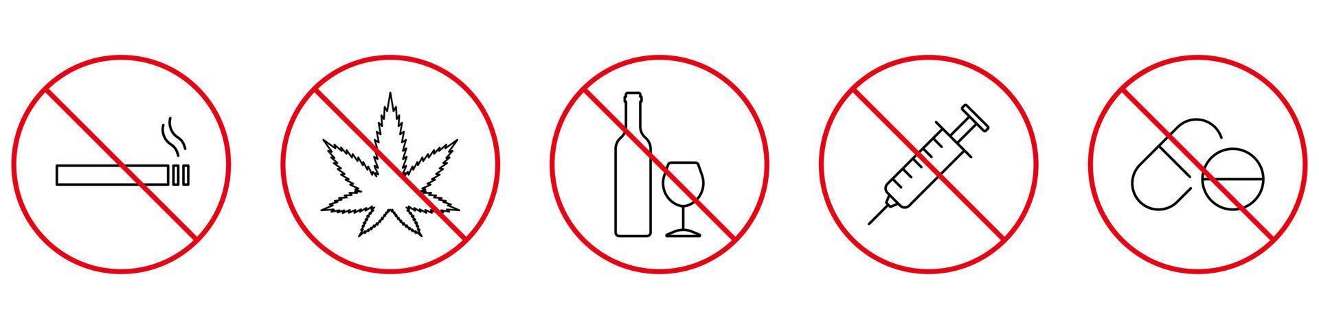 No Smoke Cigarette, Drink Alcohol, Take Drug and Pill Black Line Icon. Addiction Forbidden Pictogram. Warning Not Narcotic, Doping Zone Outline Red Stop Symbol. Isolated Vector Illustration
