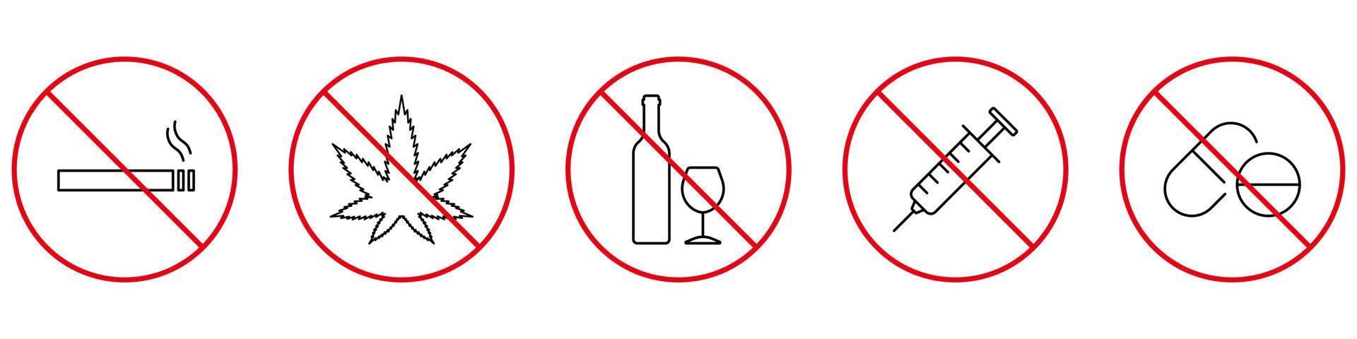 no fume cigarrillos, beba alcohol, tome drogas y tome el icono de la línea negra de la píldora. pictograma prohibido de adicción. advertencia no narcótica, contorno de la zona de dopaje símbolo de parada roja. ilustración vectorial aislada vector