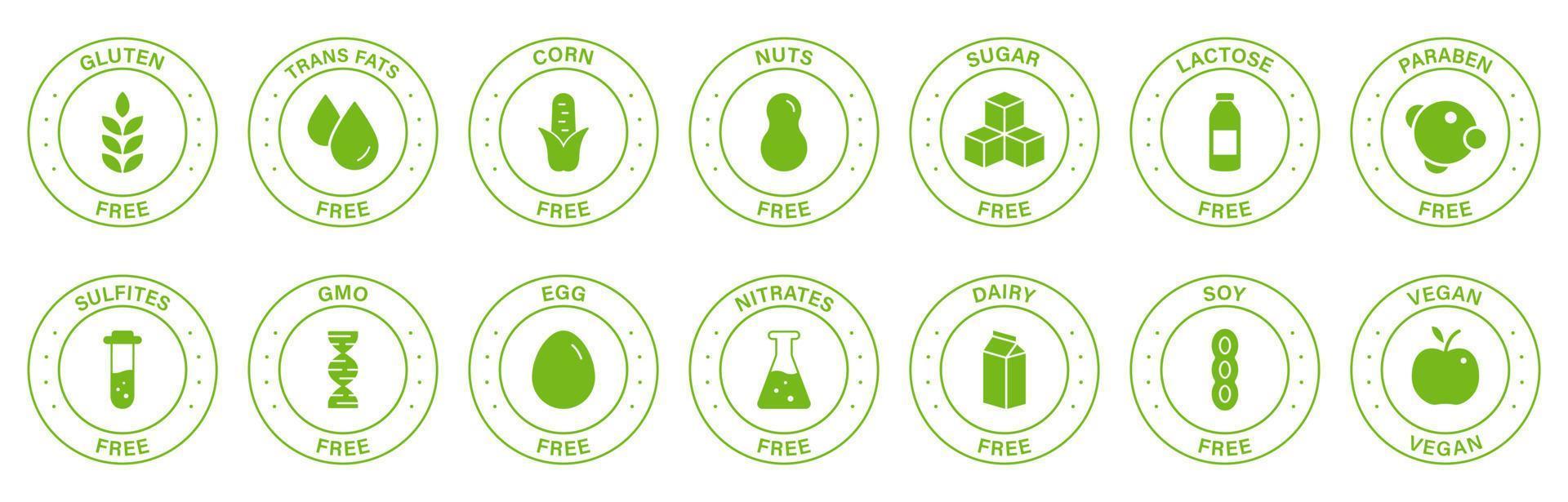 Free Allergy Ingredient Silhouette Green Stamp Set. Label. No Soy, Transfat, Nut, Gluten, Corn, Dairy, Sugar, Paraben, Nitrates Outline Logo. Vegan Food Icon. Isolated Vector Illustration.