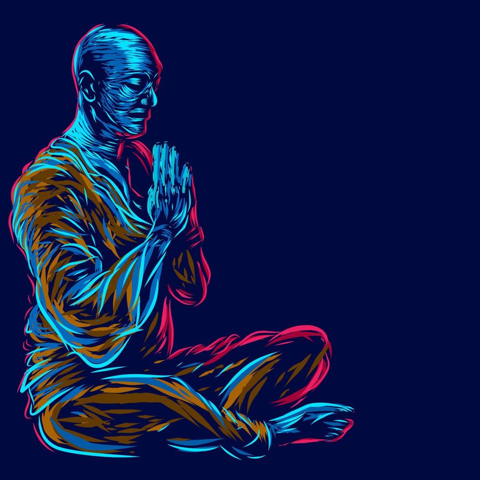 shaolin monje meditación línea pop art potrait diseño colorido con fondo oscuro. vector