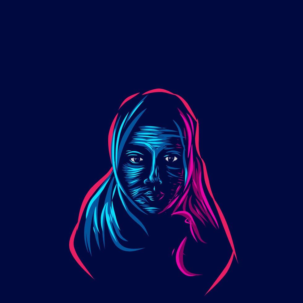 mujer árabe islámica musulmana línea pop art potrait logo diseño colorido con fondo oscuro. fondo negro aislado para camiseta vector