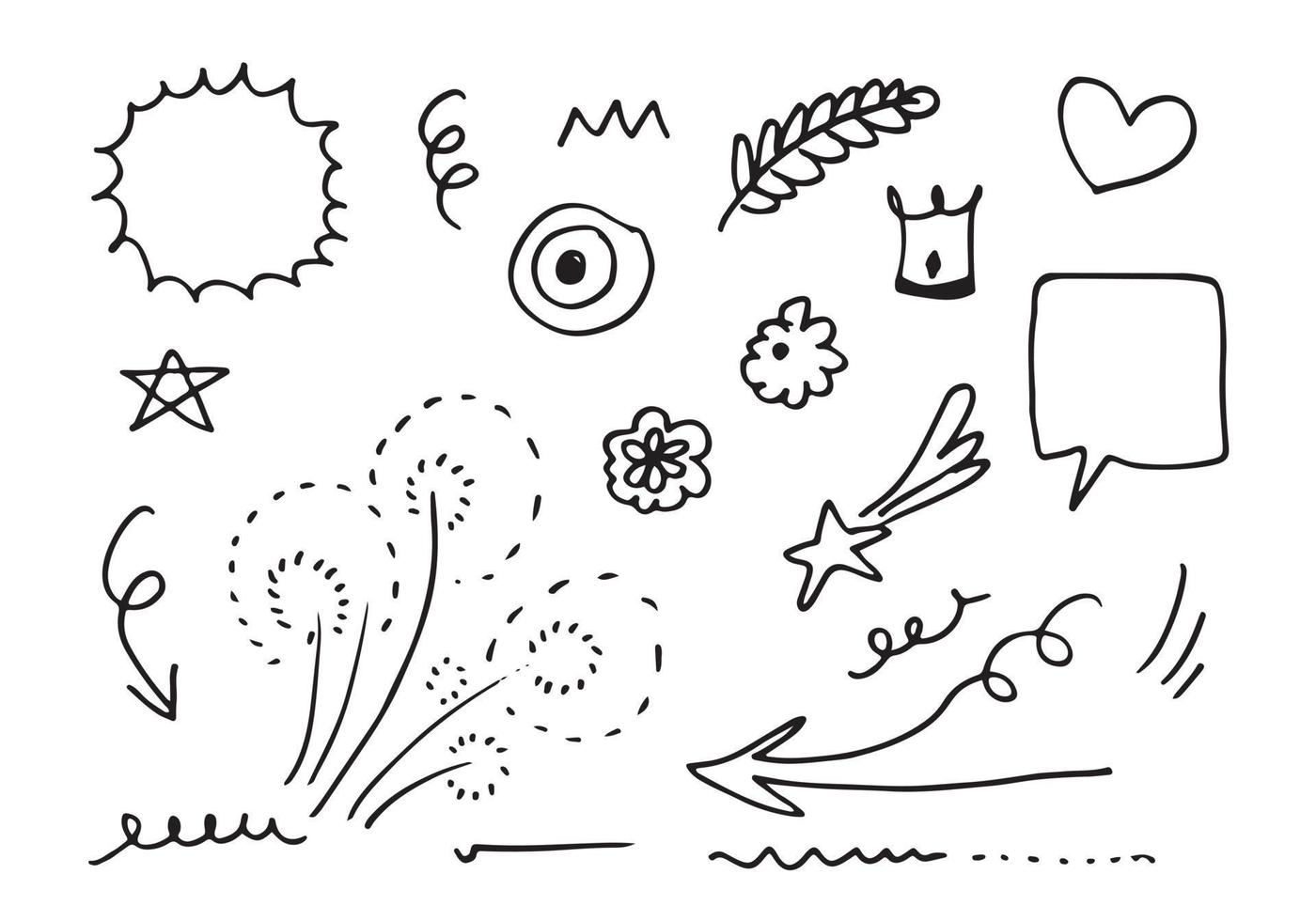 Hand drawn set elements, black on white background. Arrow, heart, love, star, leaf, sun, light, flower, crown,Swishes, swoops, emphasis ,swirl, heart, for concept design. vector