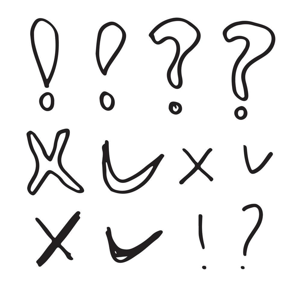 marcas de verificación dibujadas a mano, signos de interrogación y signos de exclamación, sobre un fondo blanco. vector
