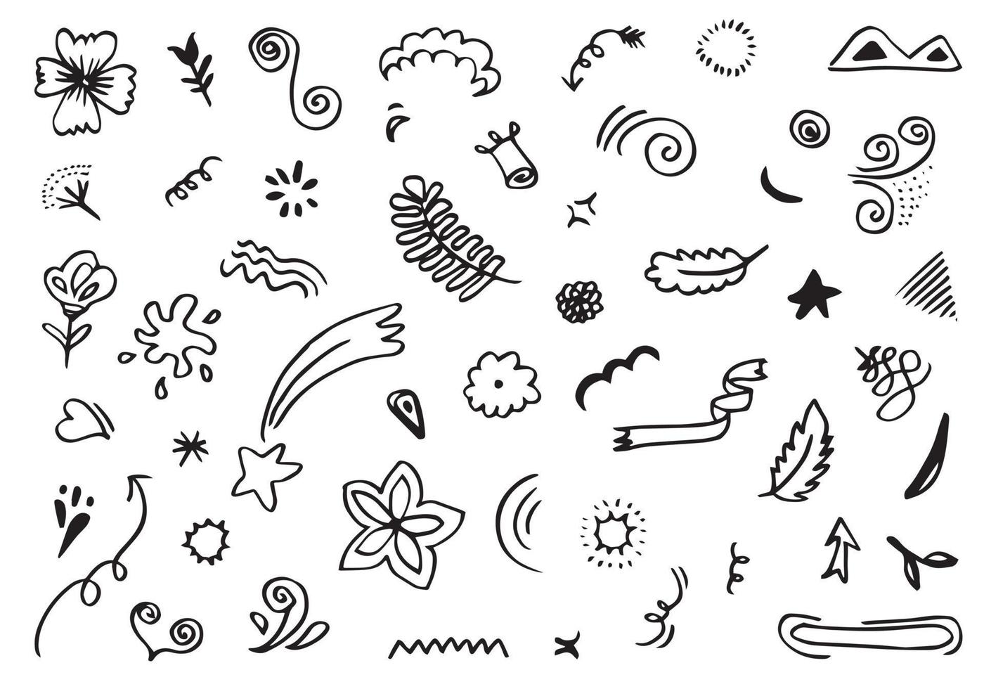 Hand drawn set elements, black on white background. Arrow, heart, love, star, leaf, sun, light, flower, crown,Swishes, swoops, emphasis ,swirl, heart, for concept design. vector