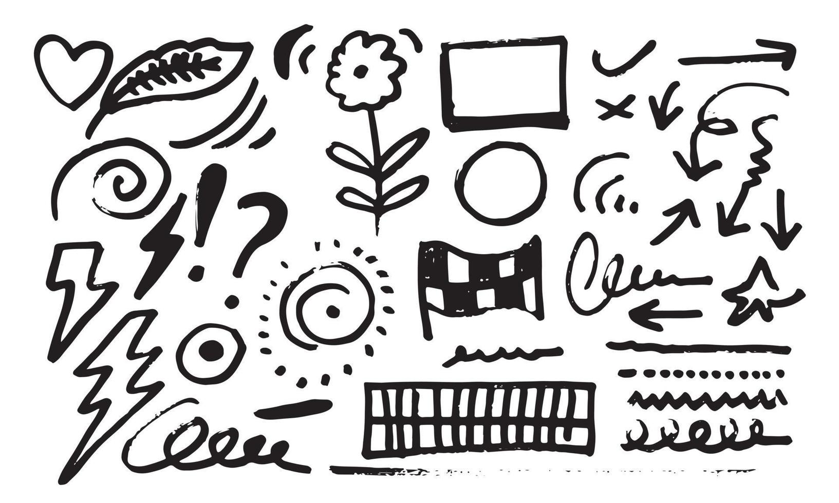 Hand drawn set elements, black on white background. Arrow, heart, frame, star, leaf, sun, underline, flower, flag,Swishes, swoops, emphasis ,swirl, thunderbolt, for concept design. vector