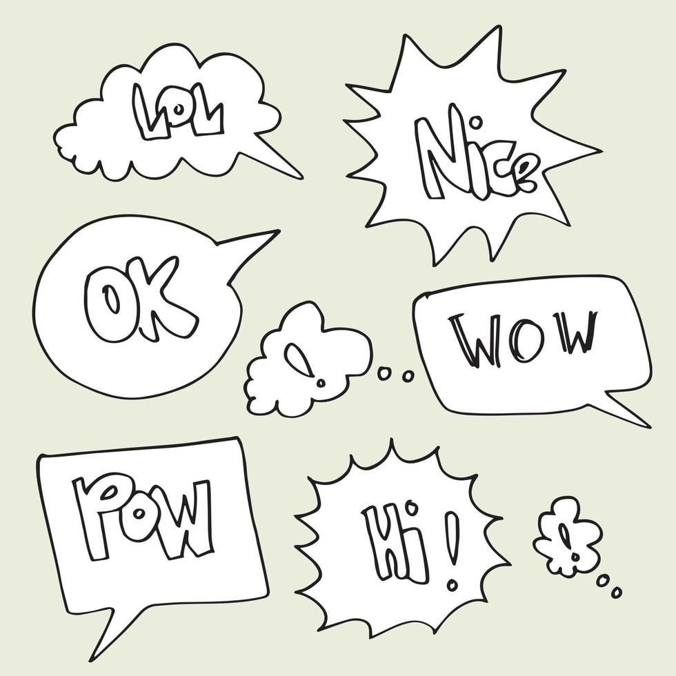 Hand drawn set of speech bubbles with handwritten short phrases  wow,lol,pow,nice,hi,ok on white background. vector