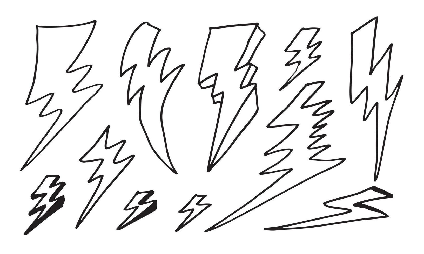 set of hand drawn vector doodle electric lightning bolt symbol sketch illustrations. thunder symbol doodle icon.