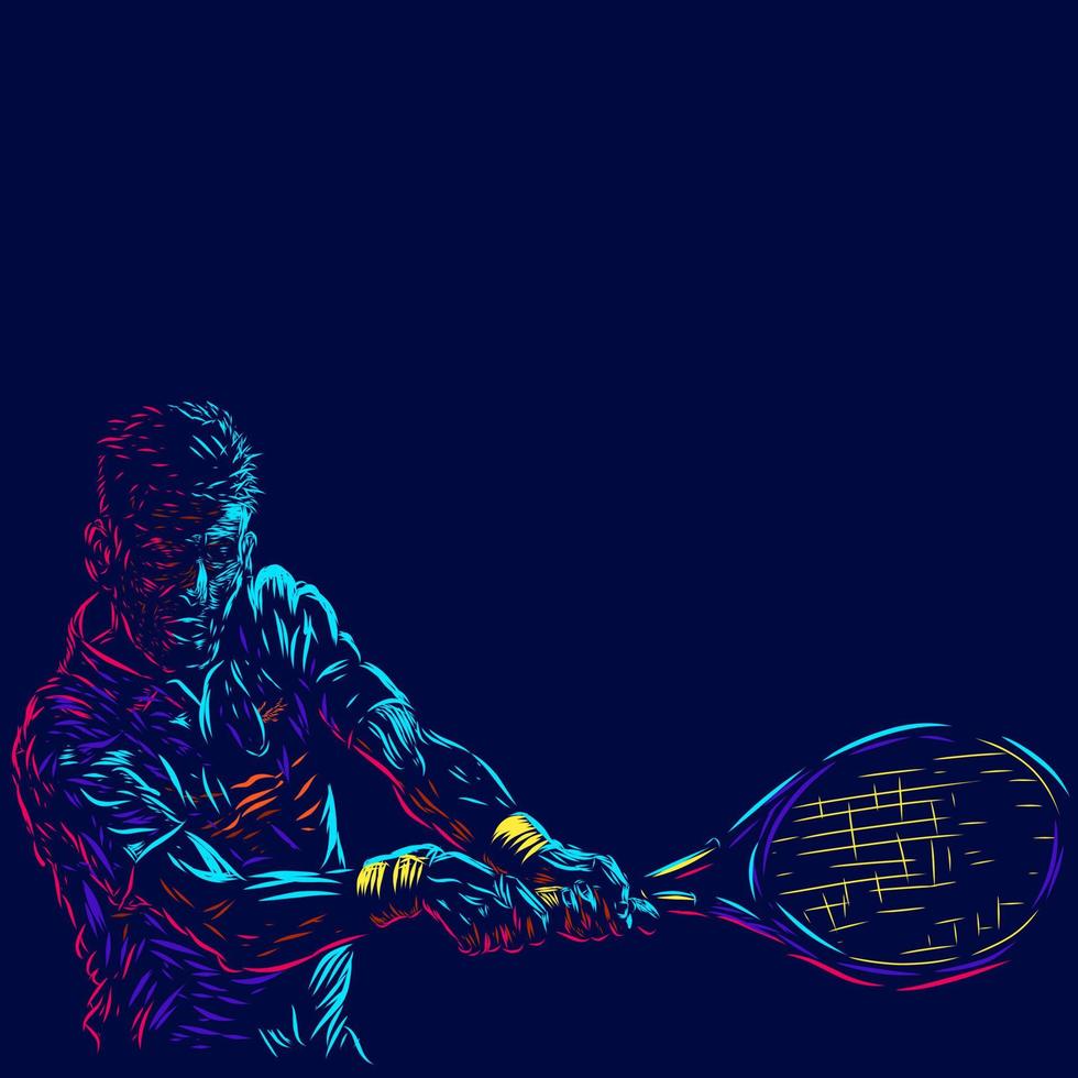 Tennis men smash line pop art potrait logo colorful design with dark background. Abstract vector illustration. Isolated black background for t-shirt