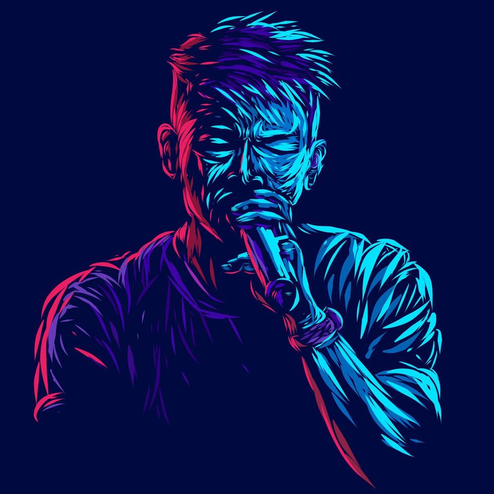 hombre cantando línea pop art potrait logo diseño colorido con fondo oscuro. Ilustración de vector de músico abstracto. fondo negro aislado para camiseta