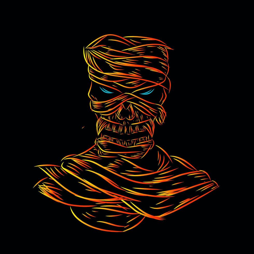 diseño colorido del logotipo del potrait del arte pop de la línea del cráneo de la muerte con fondo oscuro. fondo negro aislado para camiseta vector