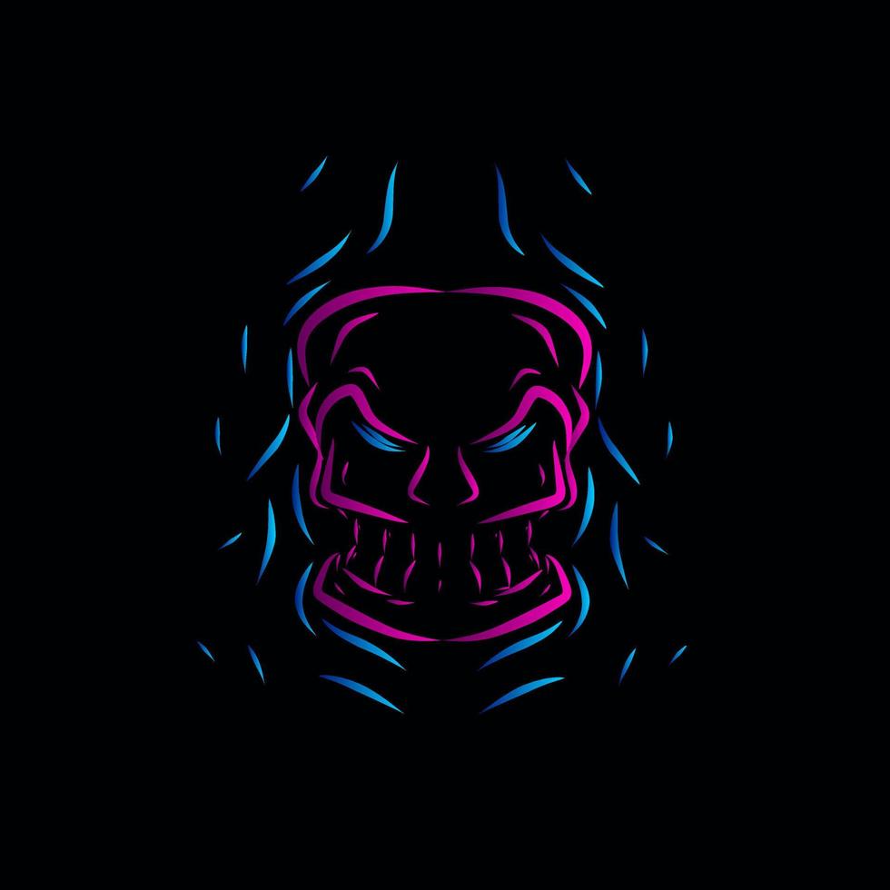 diseño colorido del logotipo del potrait del arte pop de la línea del cráneo de la muerte con fondo oscuro. fondo negro aislado para camiseta vector