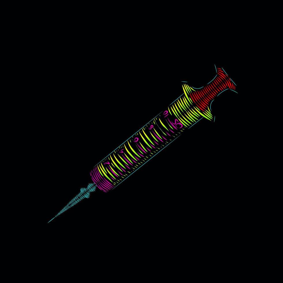 medical inject line pop art potrait logo colorful design with dark background. Isolated black background for t-shirt vector