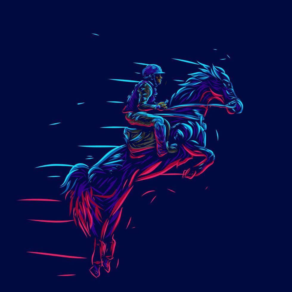 Man riding horse. Pop Art line portrait logo.  Colorful design with dark background. Abstract vector illustration. Isolated black background for t-shirt