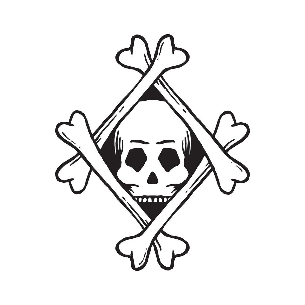 hand drawn skull with bone frame doodle illustration for tattoo stickers poster etc vector