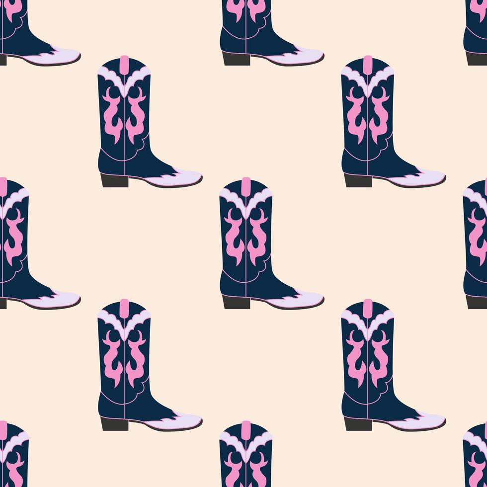 varias botas vaqueras, vaqueras azules. diferentes adornos rosas. estilo de moda del salvaje oeste. vaquero tema occidental, concepto salvaje oeste. patrón transparente de moda dibujado a mano. vector