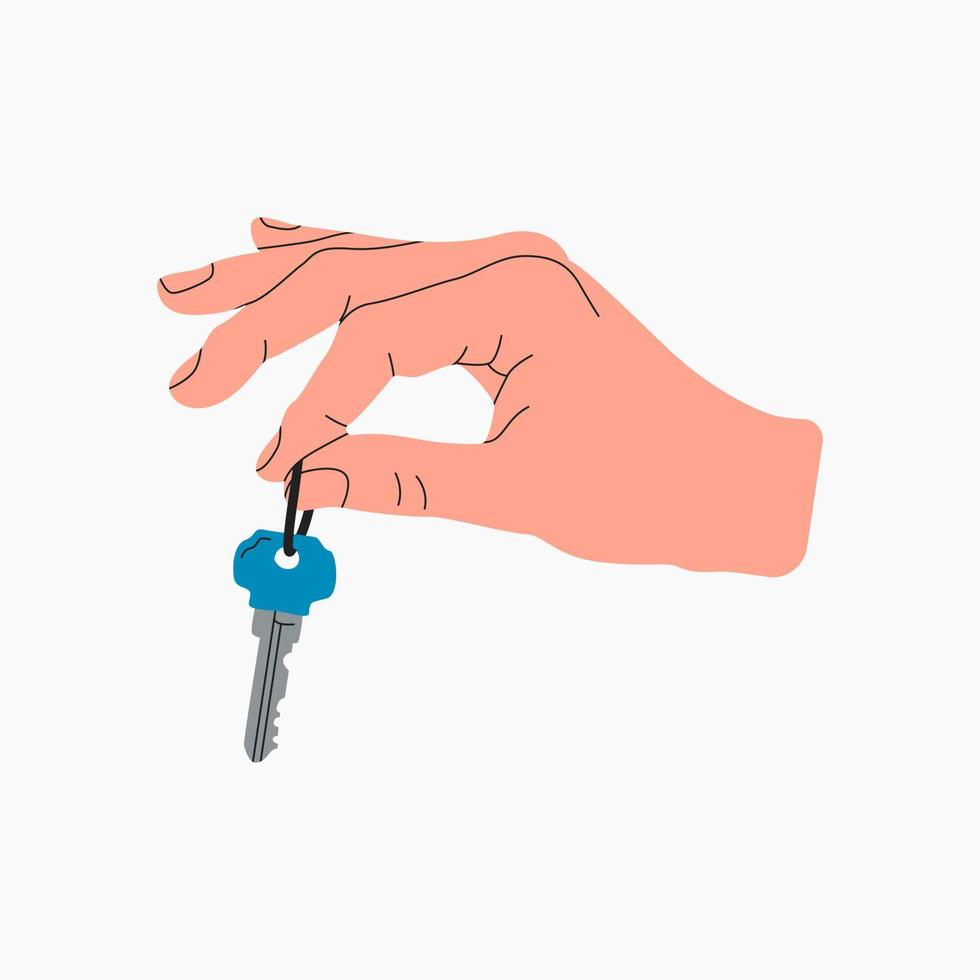 Male hand giving house keys. Keyholder. Home rental, buying property, real estate. Sharing apartment service. Home purchase deal sale, mortgage loan. Hand drawn flat cartoon illustration. vector