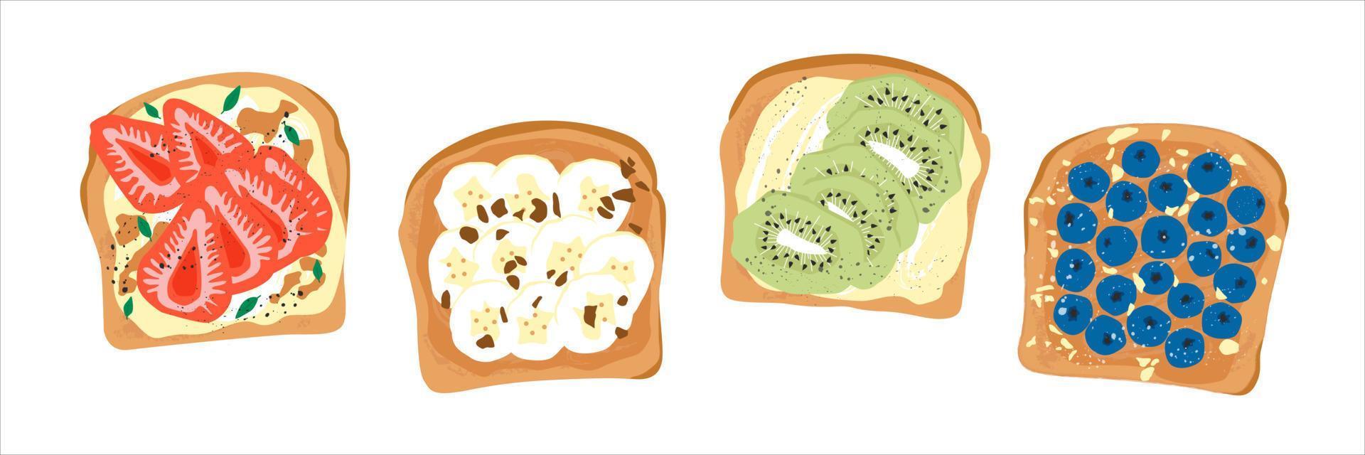 sabroso desayuno. concepto de comida saludable. varios brindis. bayas dulces, plátano de chocolate en rodajas, fresa, arándano, kiwi, queso crema, frutas frescas. ilustración de dibujos animados vista superior. vector