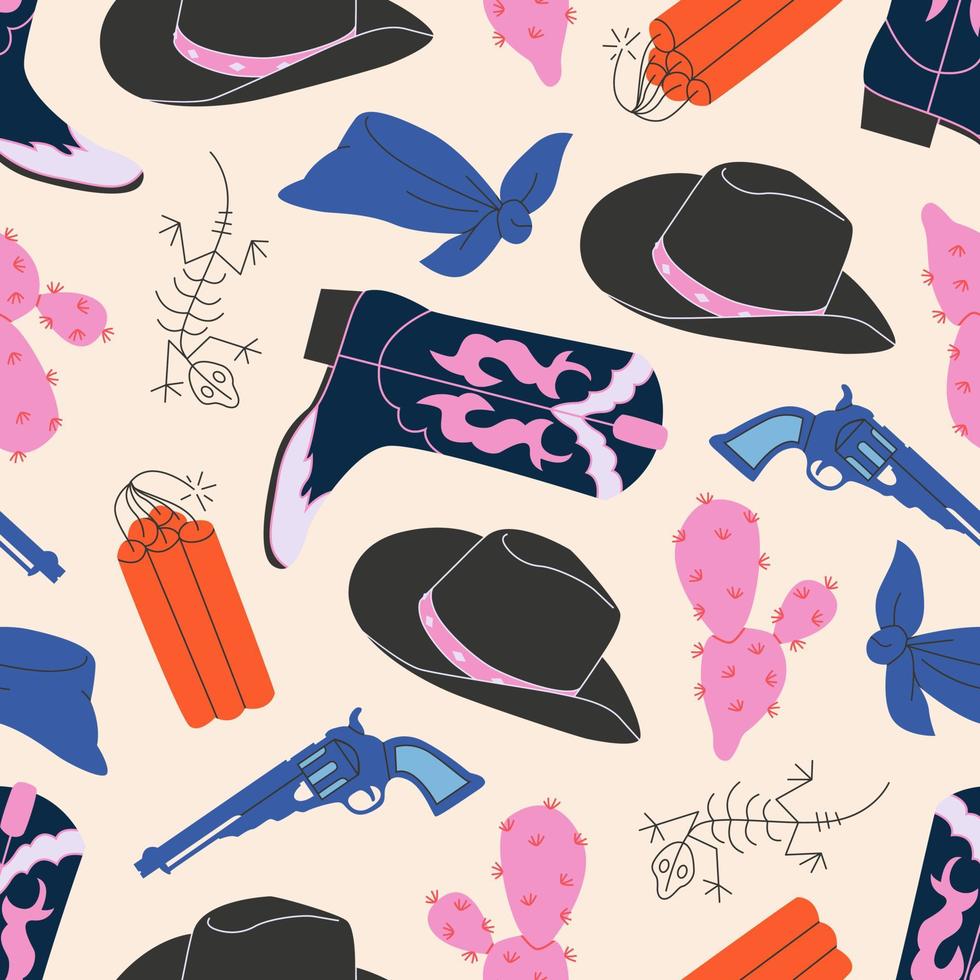 Cowgirl western theme, wild west fashion style. Various cartoon objects. Boots, cactus, dynamite, hat, skeleton, bandana, gun. Hand drawn flat colorful seamless pattern. vector