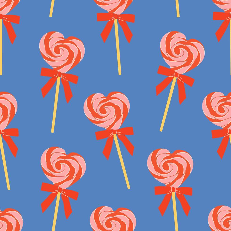 Seamless pattern of cute heart shaped candies with striped swirls , bow. Sweet Lollipop with red spirals, rainbow twisted sucker candy on stick. Modern flat cartoon illustration. Love concept. vector