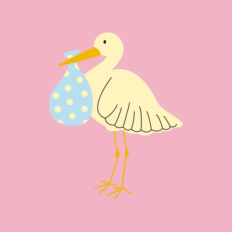 Standing white stork holding blue bundle. Cartoon bird bringing children.  Hand drawn illustration of stork carrying little newborn babies for  delivery boy, girl. Welcome Party, baby Shower. 7642565 Vector Art at  Vecteezy