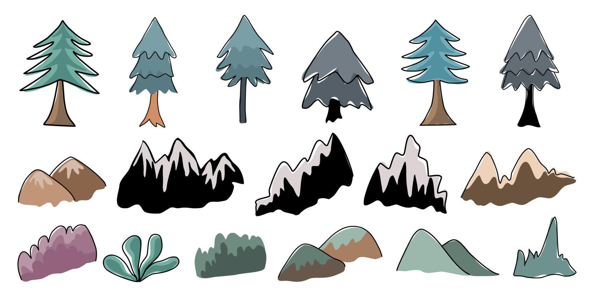 Doodle style pine, mountain and rock vector set for decorating camping and adventure themes, summer, cards, art for kids, and more.