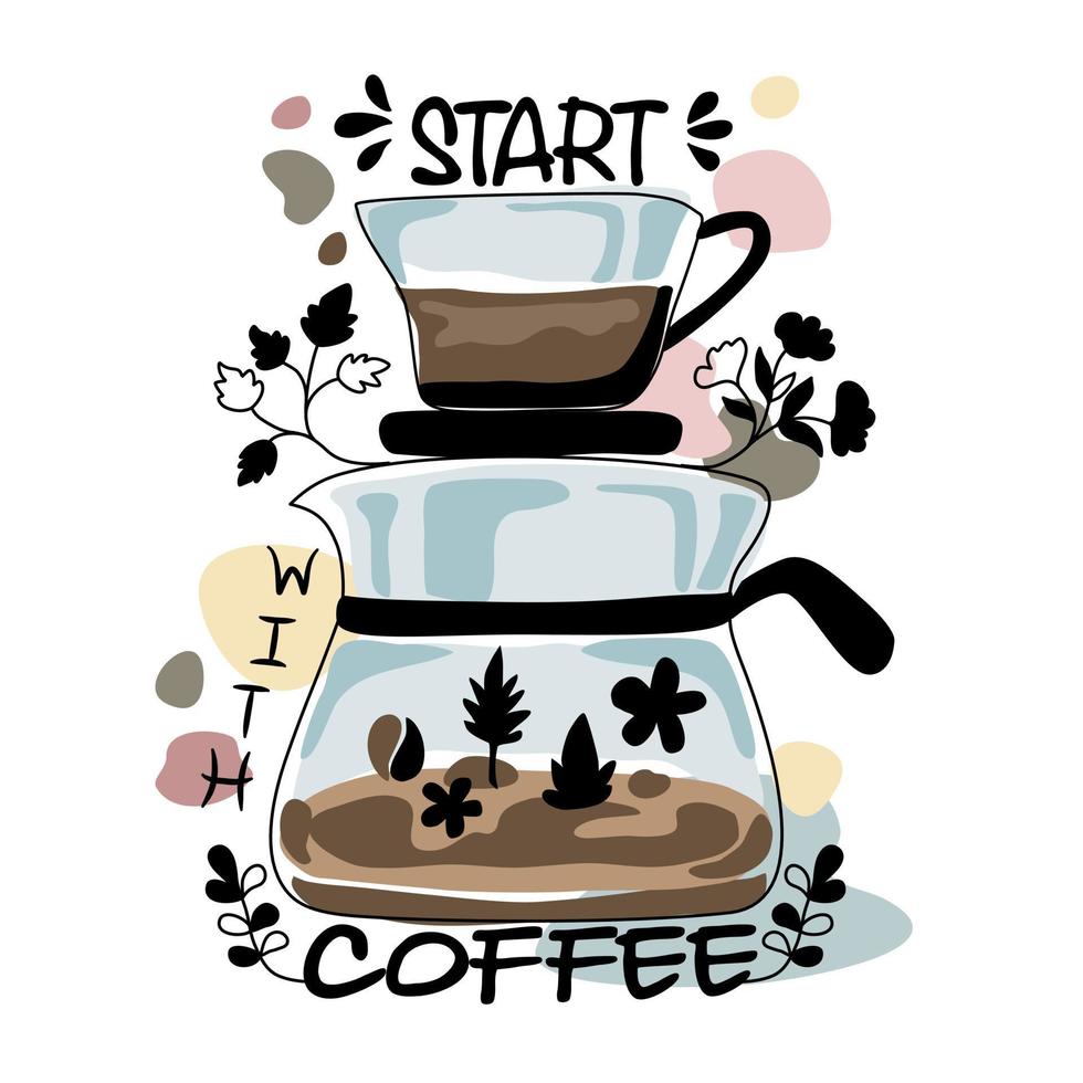 citas de café vectorial y conjunto de inspiración diseñado en estilo garabato para diseños de camisetas, patrones de tela, impresiones de lienzo, tarjetas, álbumes de recortes, almohadas, bolsos, etc. vector