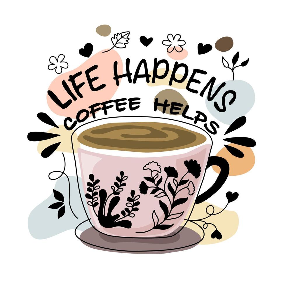 Vector coffee quotes and inspiration set Designed in doodle style For t-shirt designs, fabric patterns, canvas prints, cards, scrapbook, pillows, bags, etc.