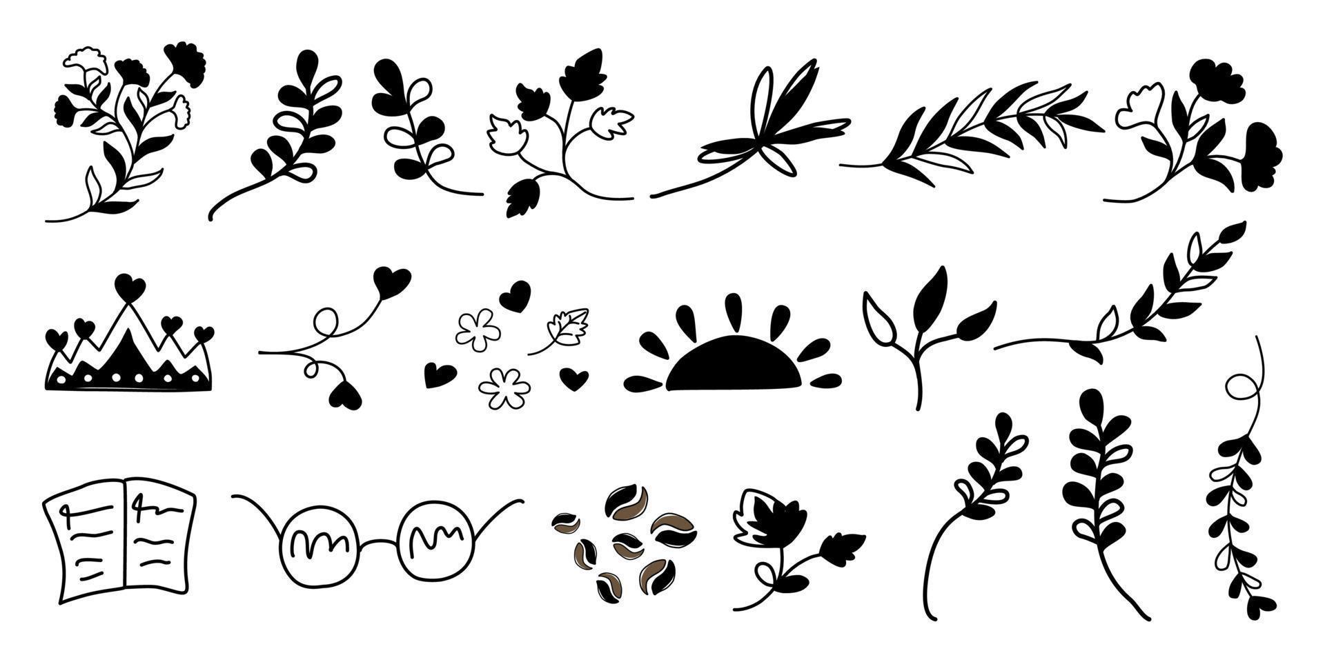 conjunto de vectores de elementos decorativos de hojas y flores negras diseñado en estilo doodle para tarjetas, patrones de tela, impresión digital, decoraciones, muelles, etc.