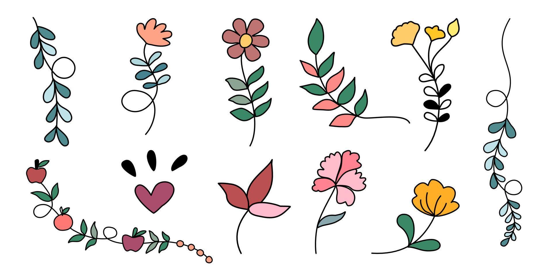 conjunto vectorial de elementos florales y de hojas diseñados en estilo doodle para decoraciones, tarjetas, impresiones digitales, patrones de papel, patrones de ropa, pegatinas, almohadas, decoraciones temáticas de primavera, etc. vector