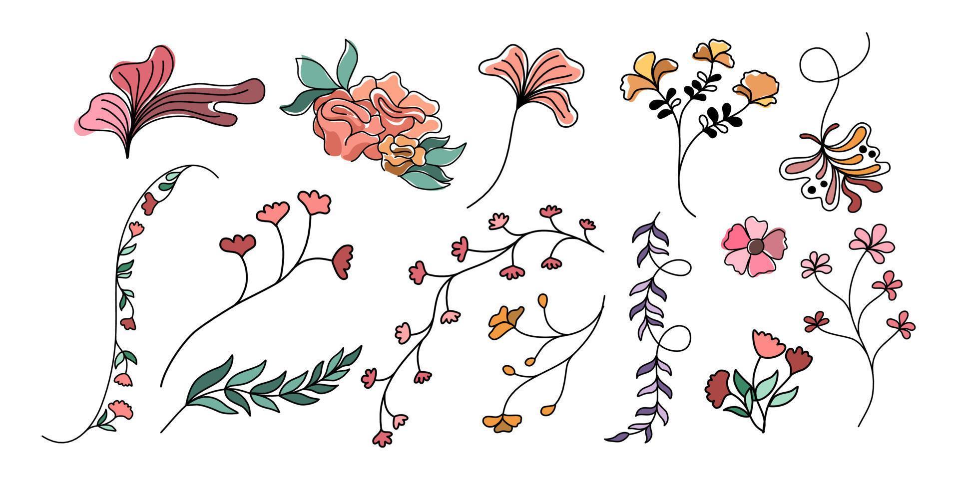 conjunto vectorial de elementos florales y de hojas diseñados en estilo doodle para decoraciones, tarjetas, impresiones digitales, patrones de papel, patrones de ropa, pegatinas, almohadas, decoraciones temáticas de primavera, etc. vector