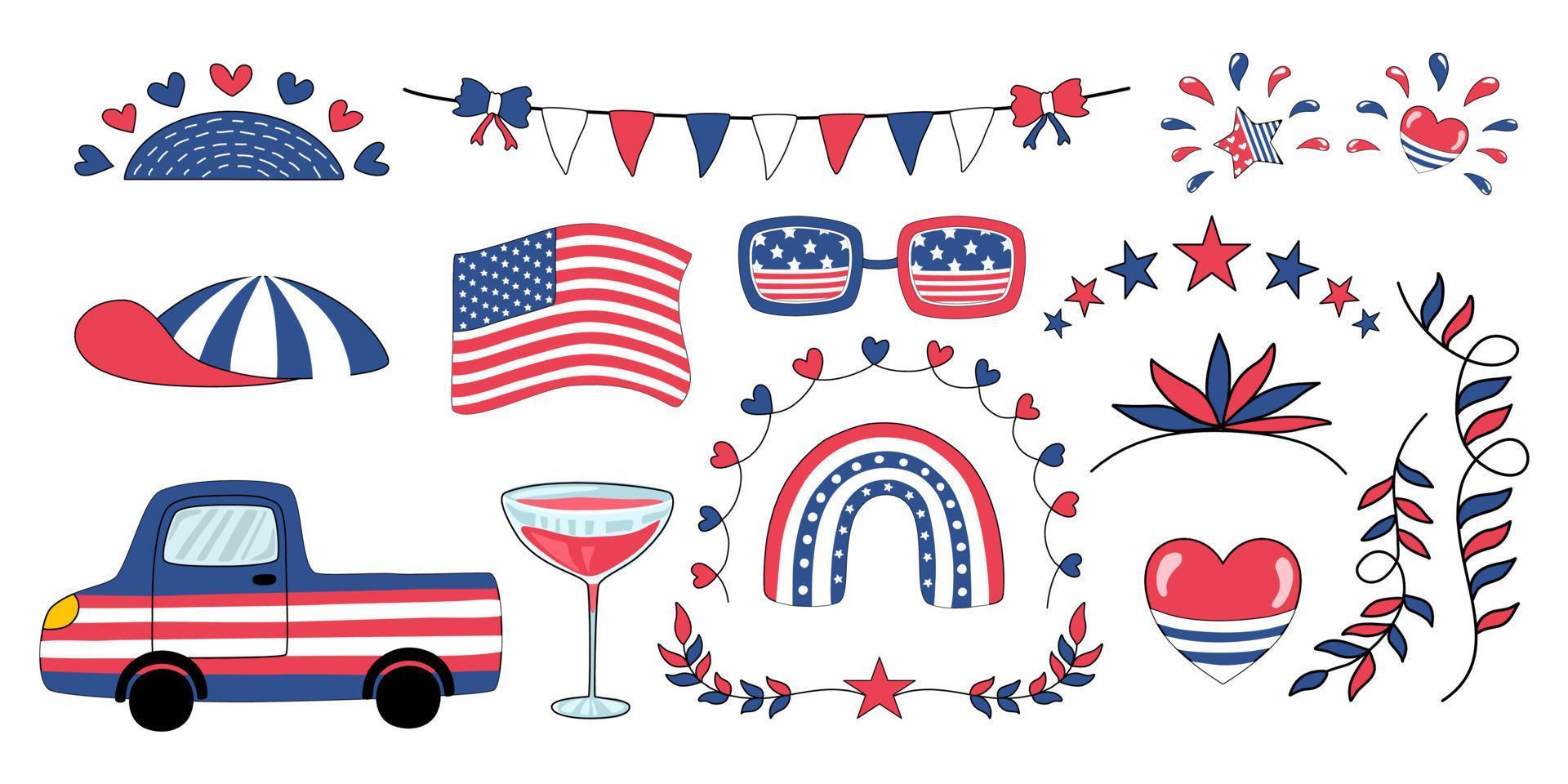 4th of July decorative elements designed in red, white, blue tones, doodle style for cards, scrapbook, t shirt designs, baby, kindergarten, bags, stickers and more. vector