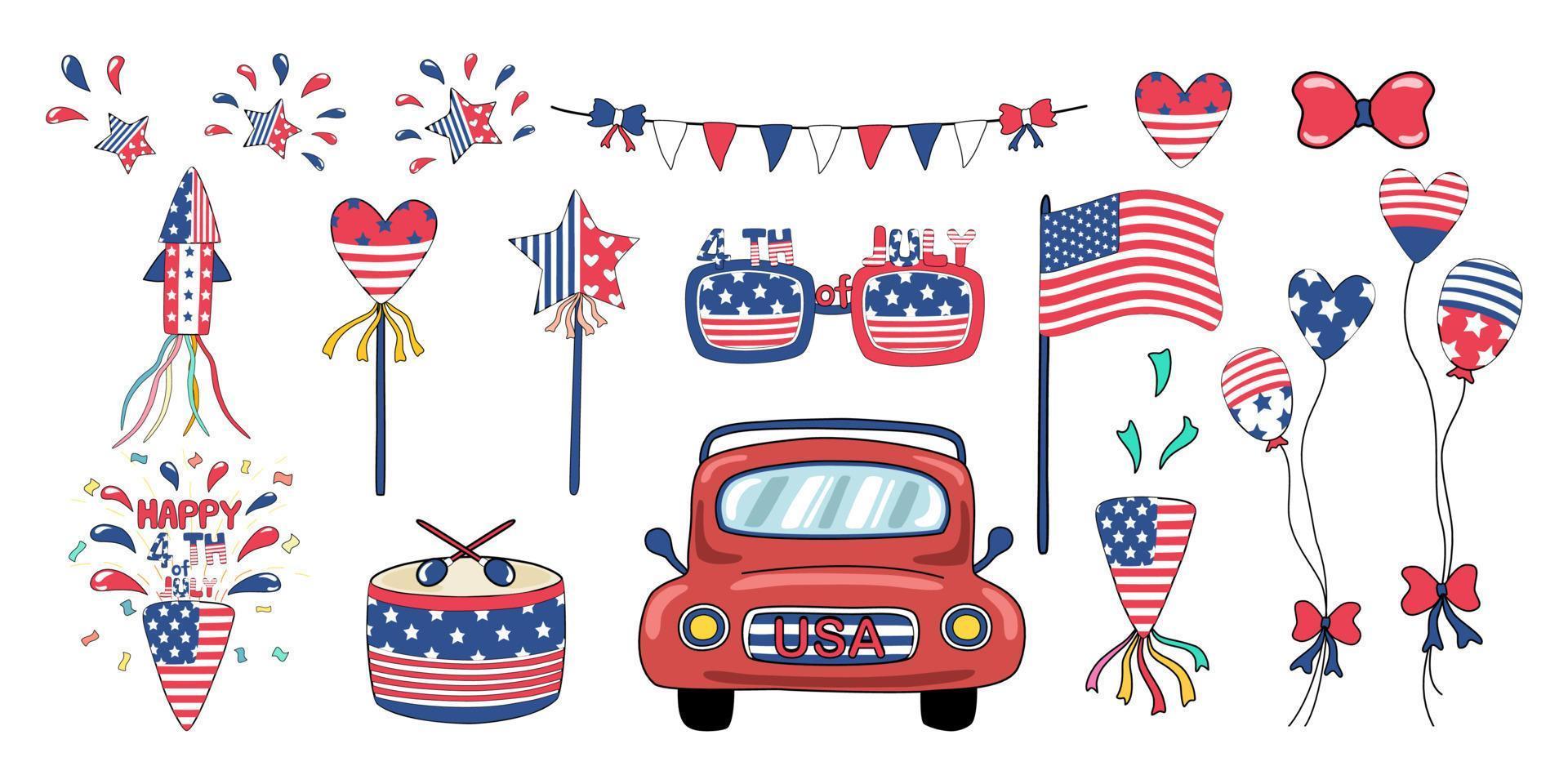 4th of July decorative elements designed in red, white, blue tones, doodle style for cards, scrapbook, t shirt designs, baby, kindergarten, bags, stickers and more. vector