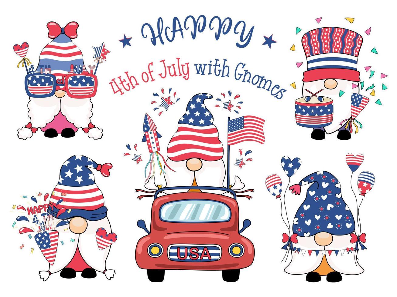 Happy 4th of July with gnomes Designed in doodle style, red, white, and blue tones for decoration, stickers, cards, t-shirt designs, bags, fabric patterns, gifts, scrapbooks, and more. vector