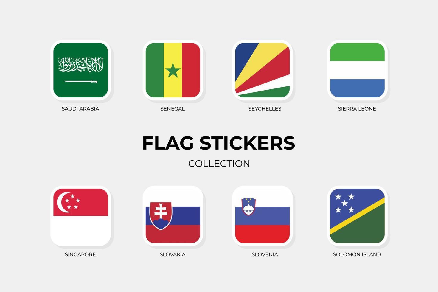 pegatinas de bandera de arabia saudita, senegal, seychelles, sierra leona, singapur, eslovaquia, eslovenia, isla salomón vector