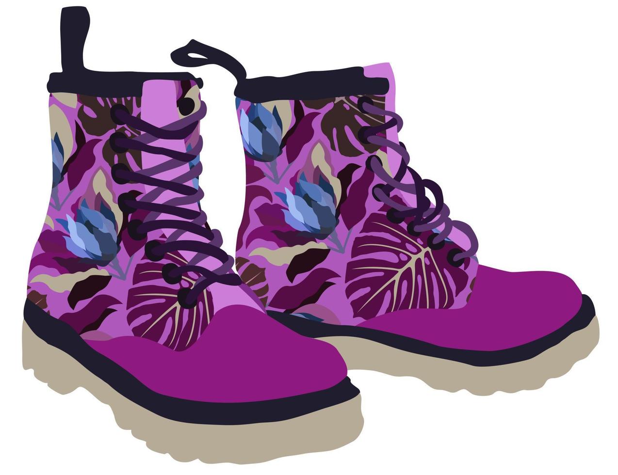 Purple travel boots decorated with floral drawing. vector