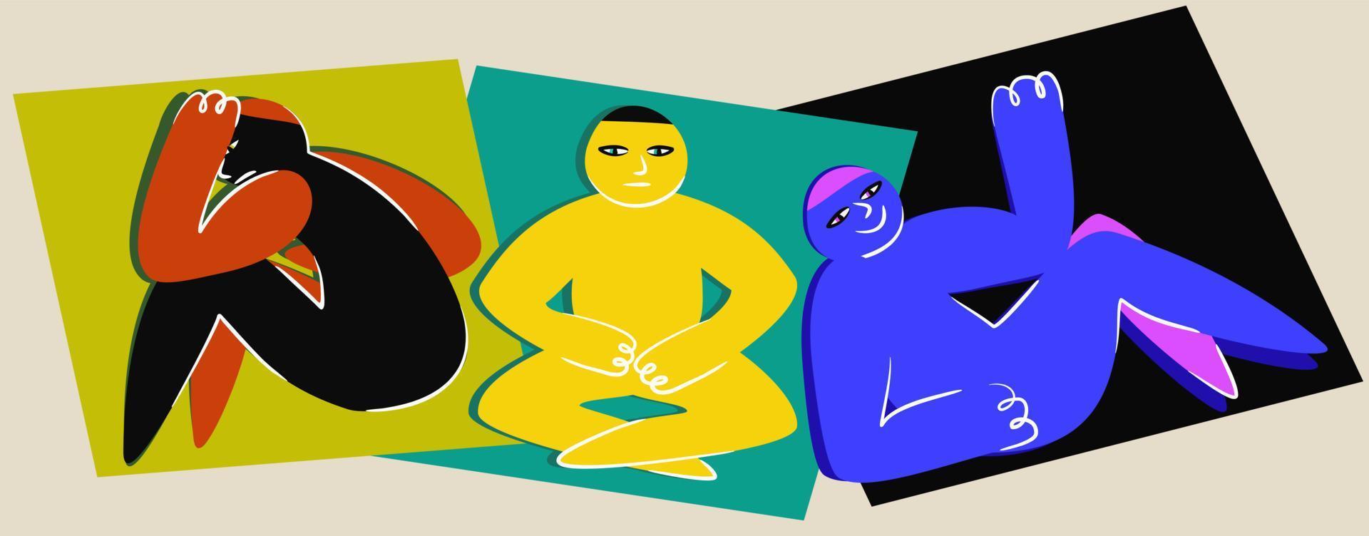 Three vector figures illustrating various emotions, thoughtfulness, calmness and carelessness.