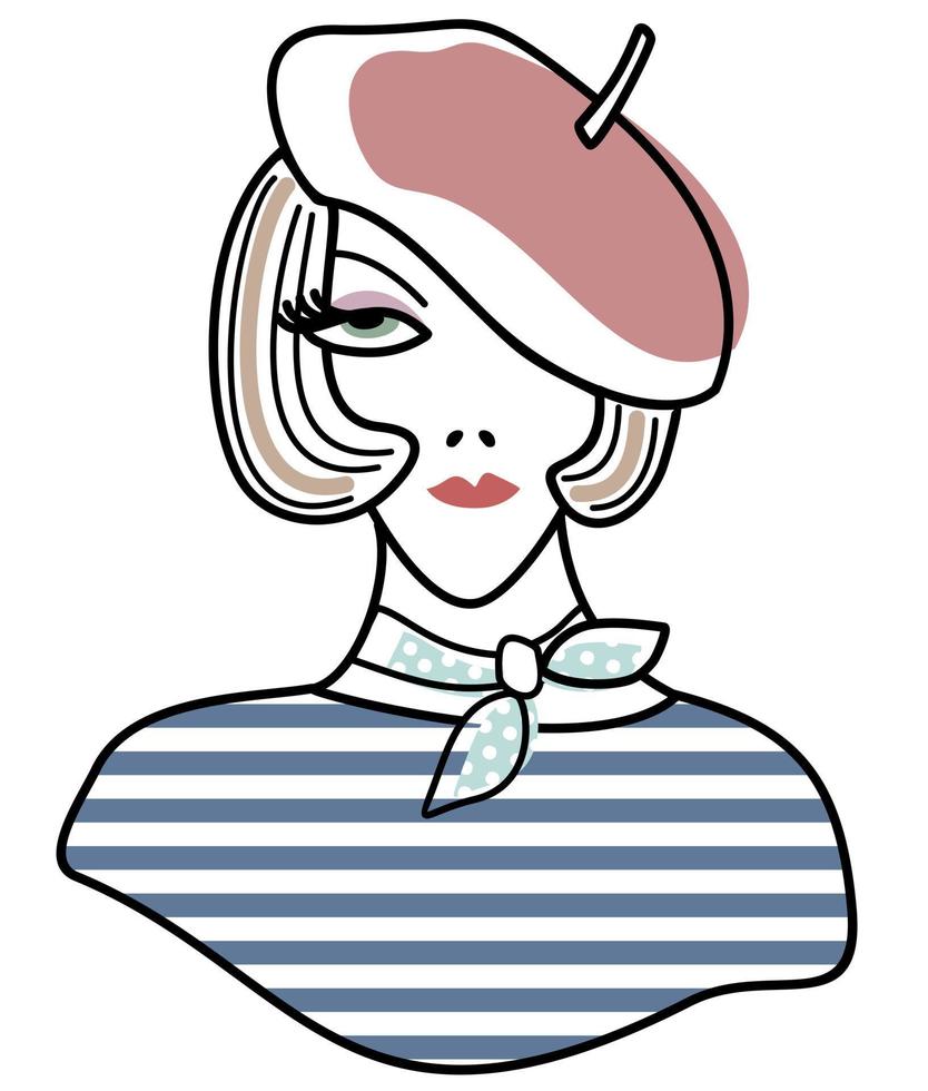 Vector isolated illustration of young woman in beret and striped jacket.