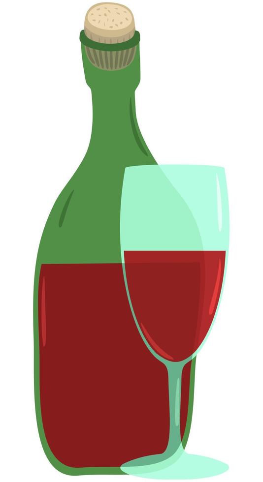 Vector isolated illustration of bottle and glass with red wine.