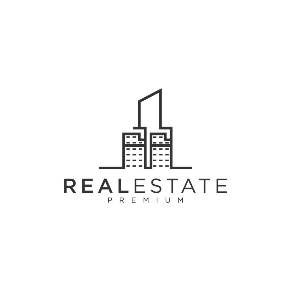 Vector logo on which an abstract image of a tall skyscraper in a linear style.