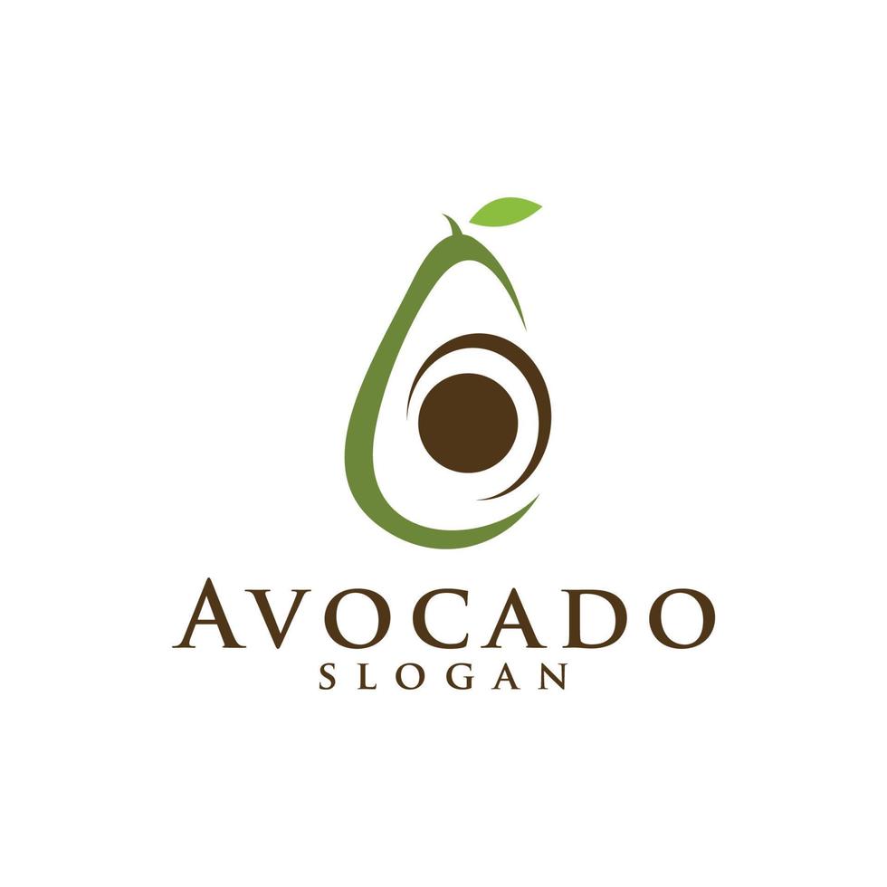 Avocado fruit logo template. Avocado half with leaf vector design. Health food logotype