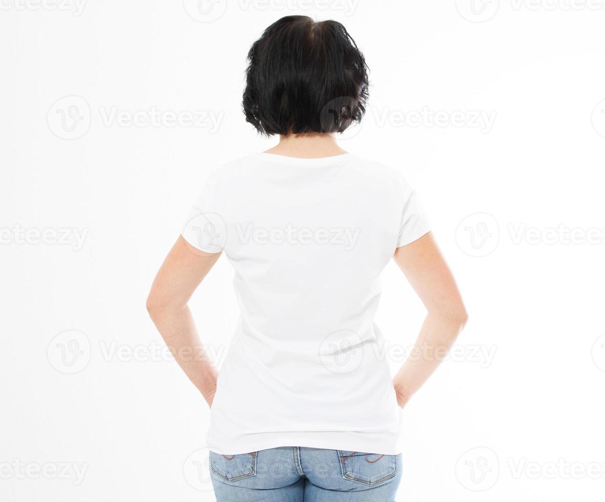 Back view - woman in white t-shirt isolated mock up, copy space, empty tshirt. Girl in t shirt. photo