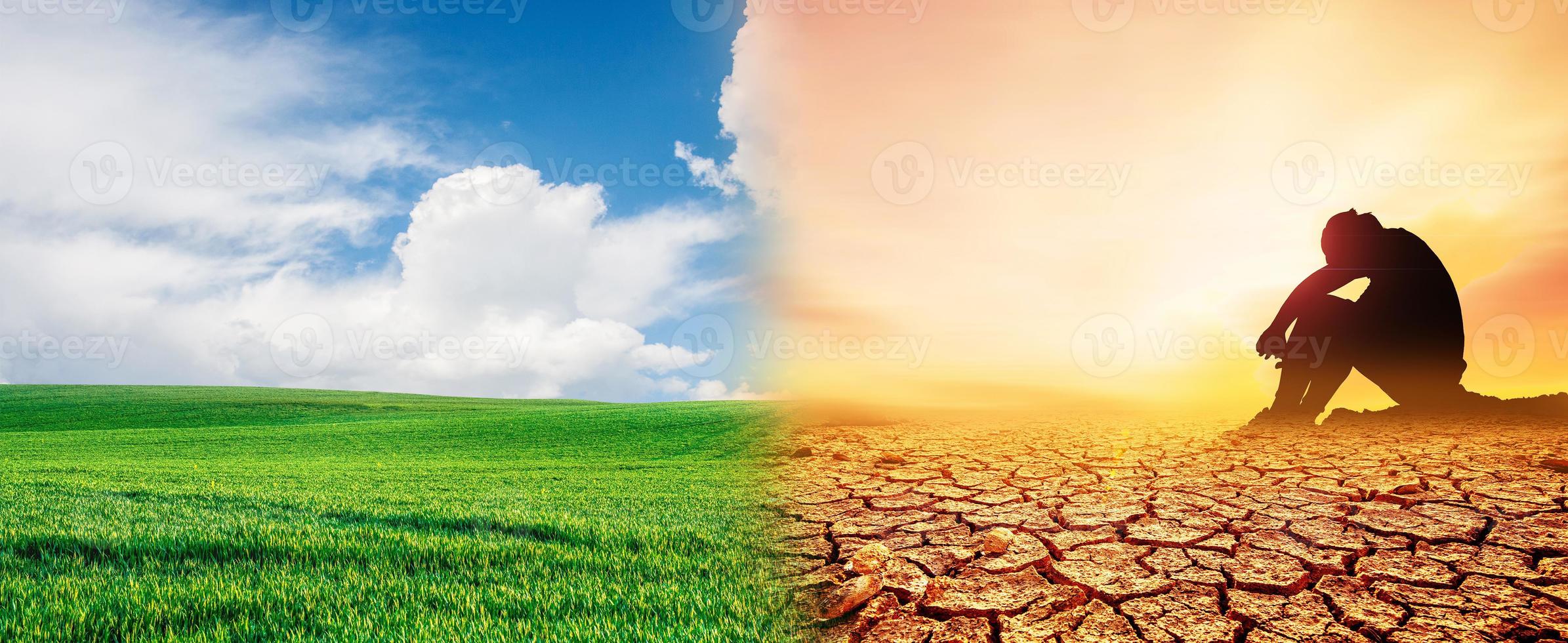 concept of environmental conservation and global climate change. Picture comparing arid areas with green areas. photo