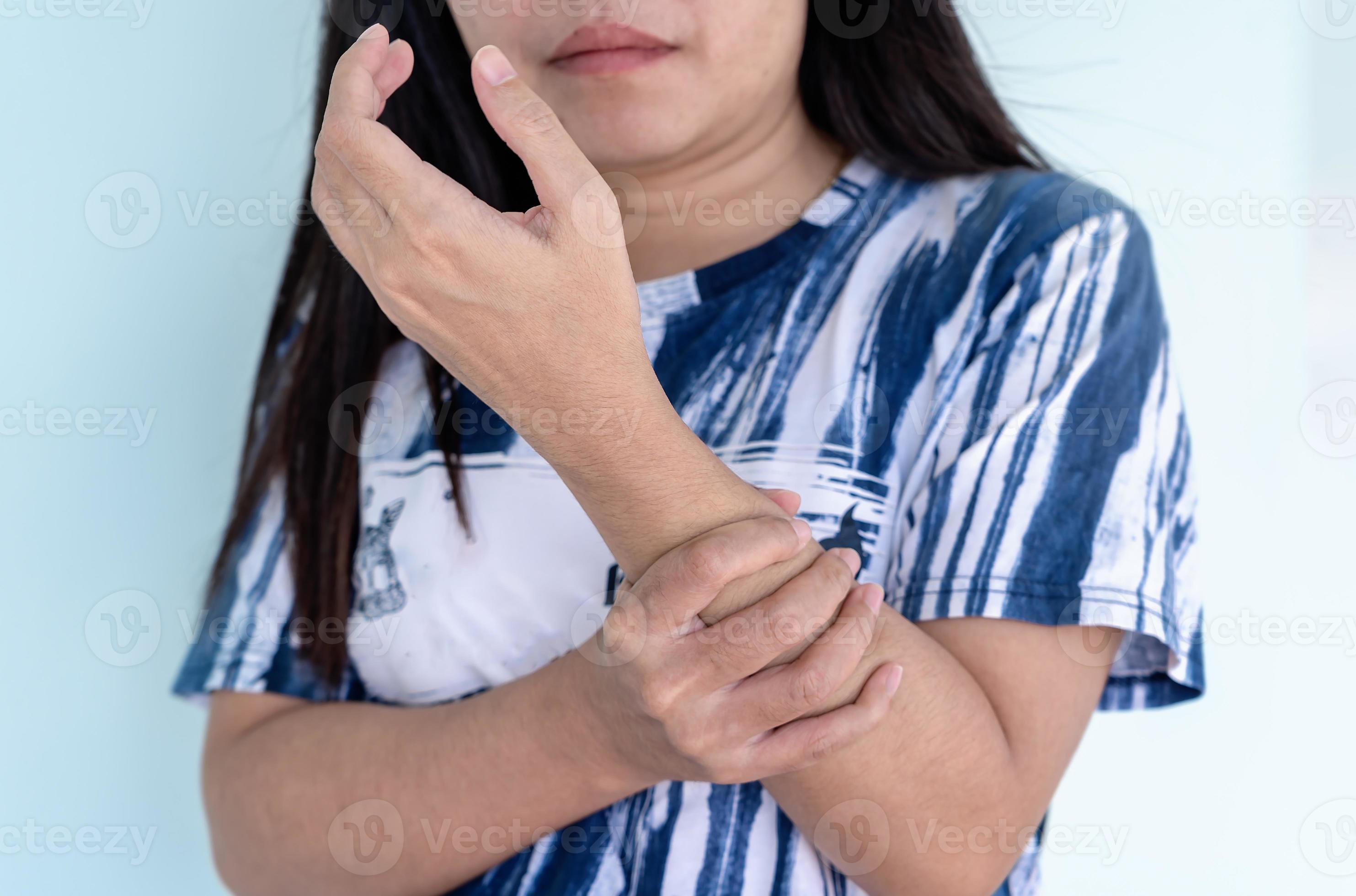Woman hands feeling pain in arm with side effects after receiving
