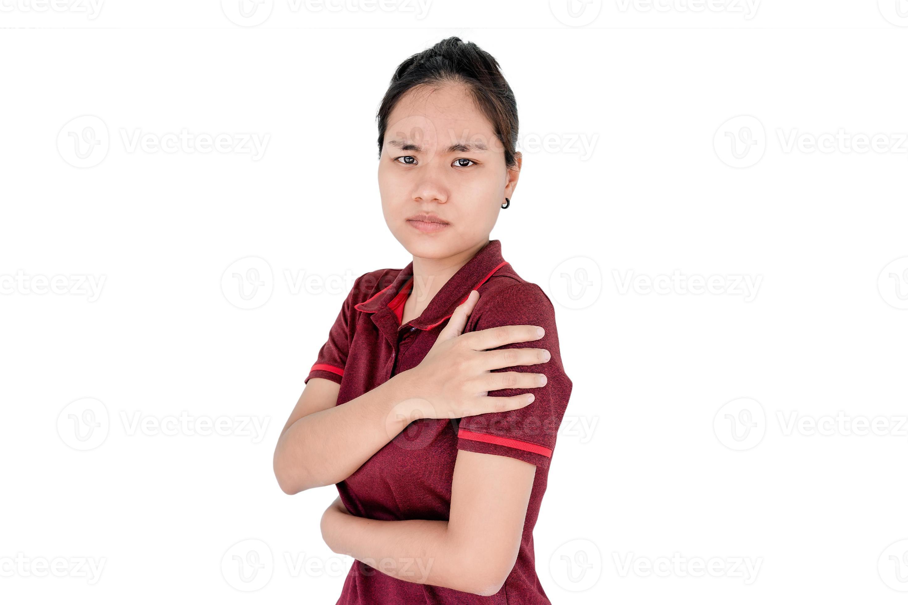 Young woman feeling pain in arm with side effects after receiving