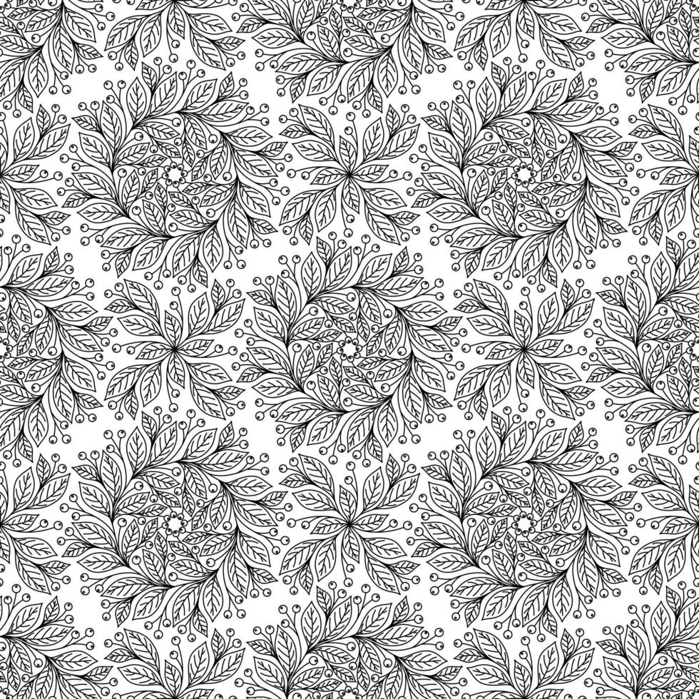 BLACK AND WHITE SEAMLESS VECTOR BACKGROUND WITH FLORAL ORNAMENT AND BERRIES