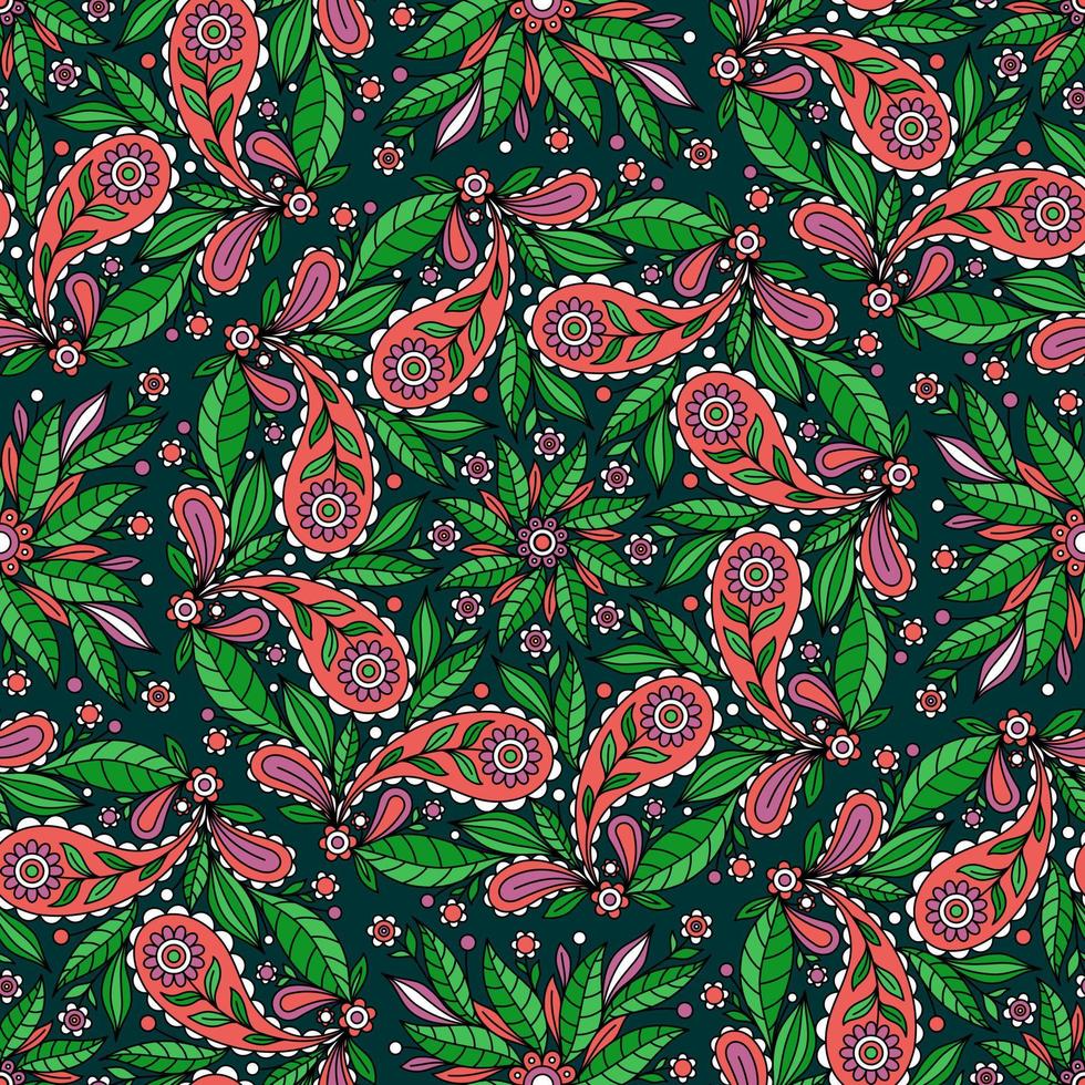 DARK GREEN VECTOR SEAMLESS BACKGROUND WITH A COMPLEX COLORFUL ROUND STYLIZED FLORAL ORNAMENT