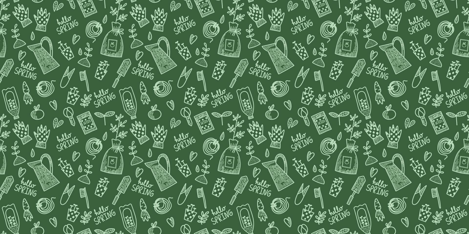 Vector seamless pattern. Spring summer gardening collection in doodle hand drawn style. Surface design. Equipment for Growing plants watering can, boots, seeds, gloves, vegetables, seedlings.