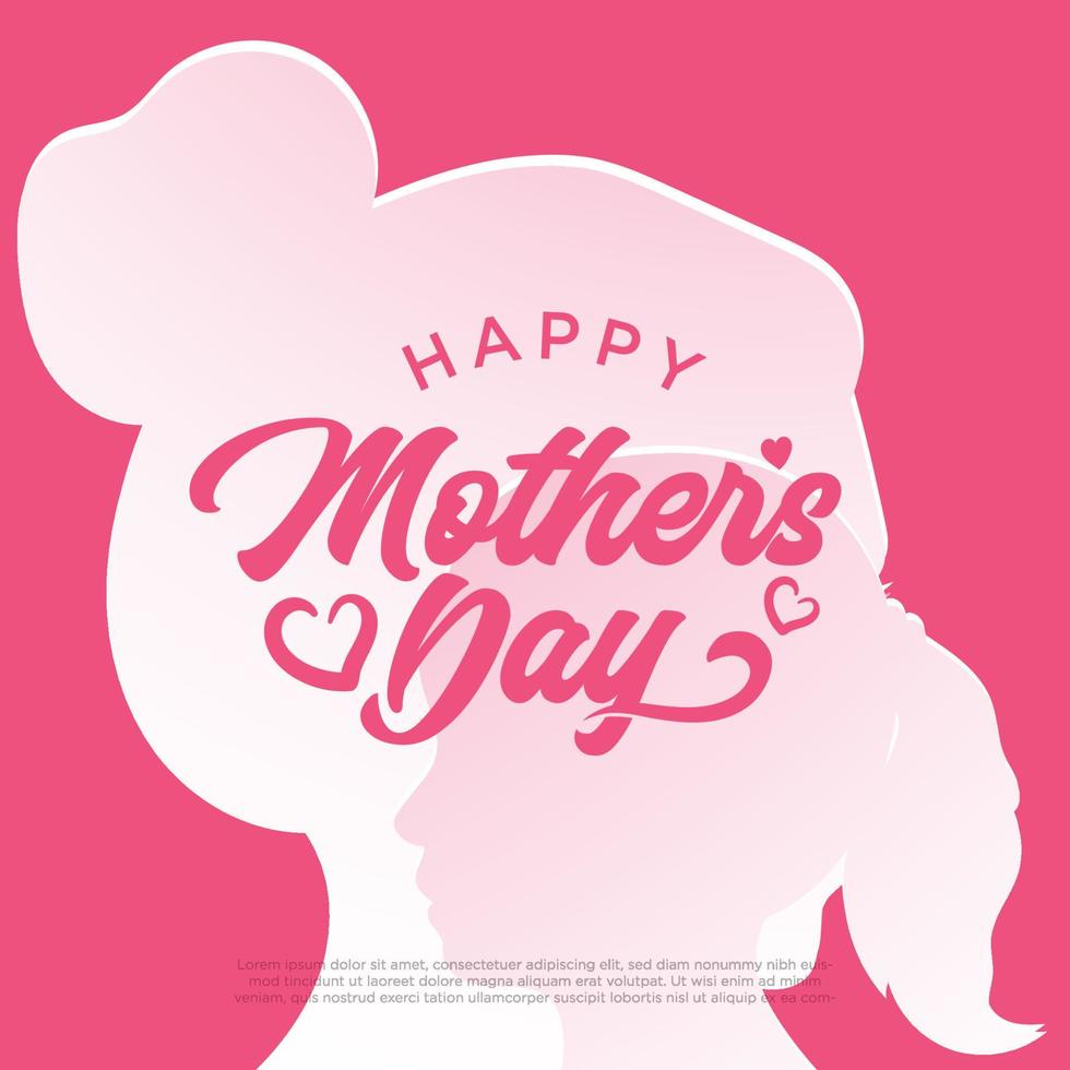 Mother's day greeting card, abstract cut shape on pink backdrop. Woman and girl silhouettes, congratulation text. Pink design element for holiday banner, poster. Paper cut style, vector illustration