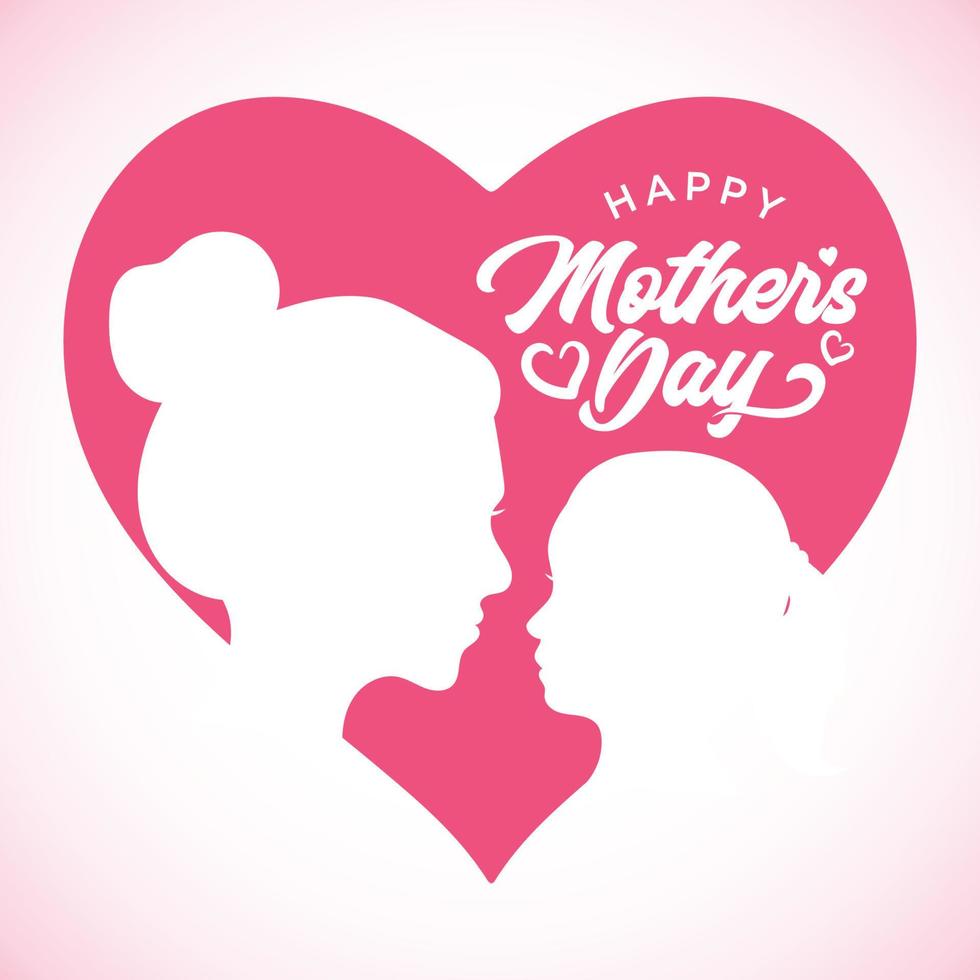 Mother's day greeting card. mother and girl silhouette inside heart symbol. Pink design element for holiday banner, poster. vector illustration